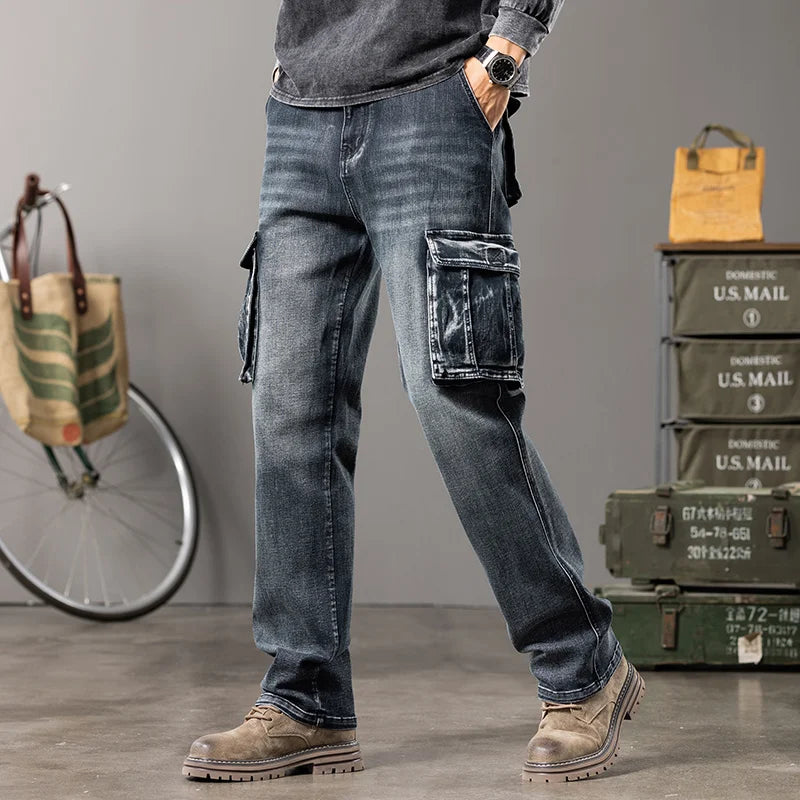 Autumn And Winter New Styles Men'S Outdoor Wide Leg Workwear Multi-Pocket Jeans Straight Fit Plus Size Men'S Jeans 42 44