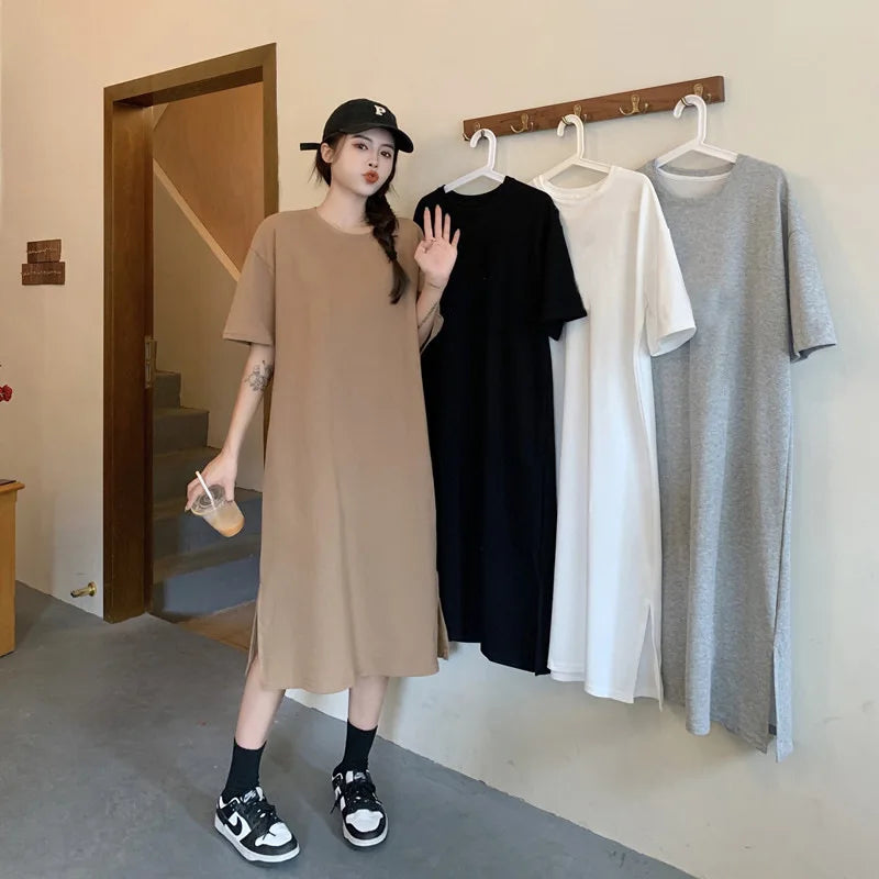 Women's Summer Plus Size Casual Dress 2026 New Loose Solid Color Knee Length Split Hem T Shirt Dress