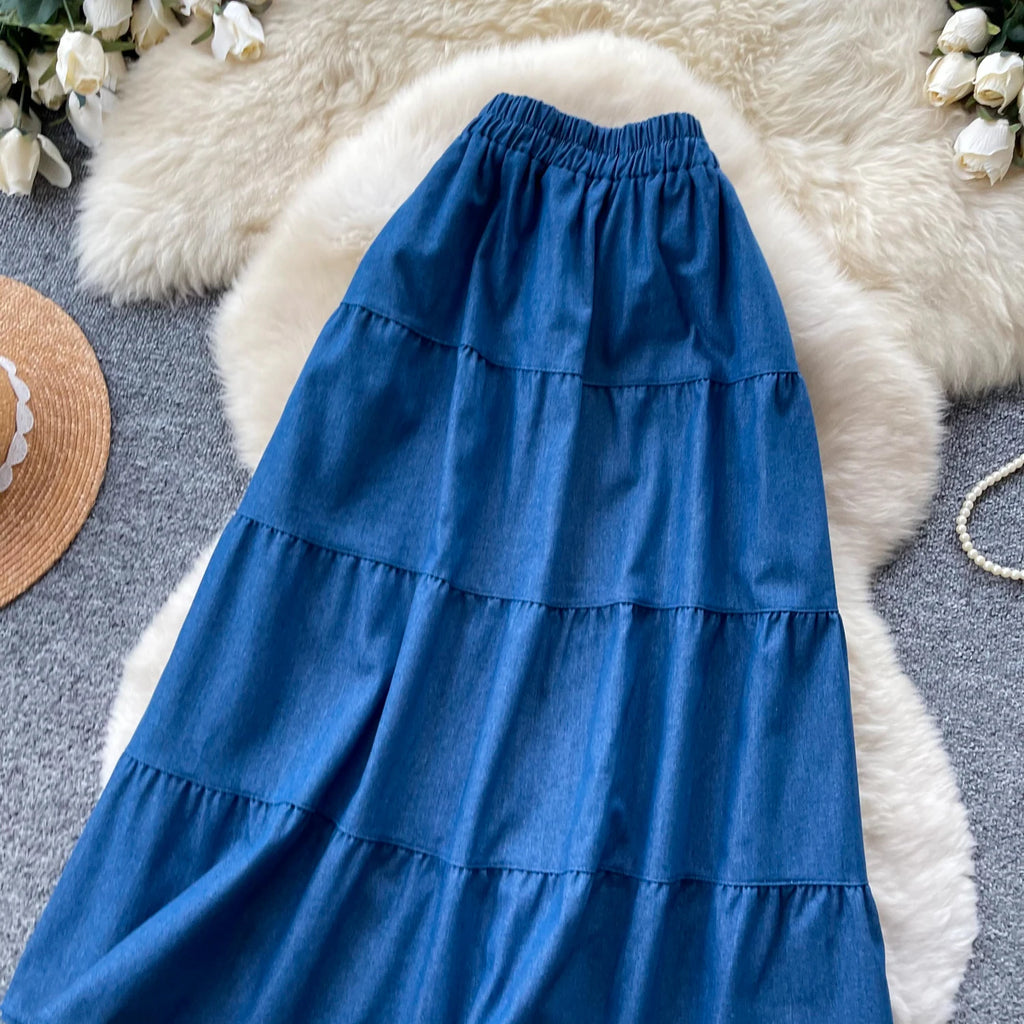 Korean Style A-Line  Skirt Women's Summer Slimming Elastic Waist Denim Patchwork Skirts City Commute Universal Long Skirts