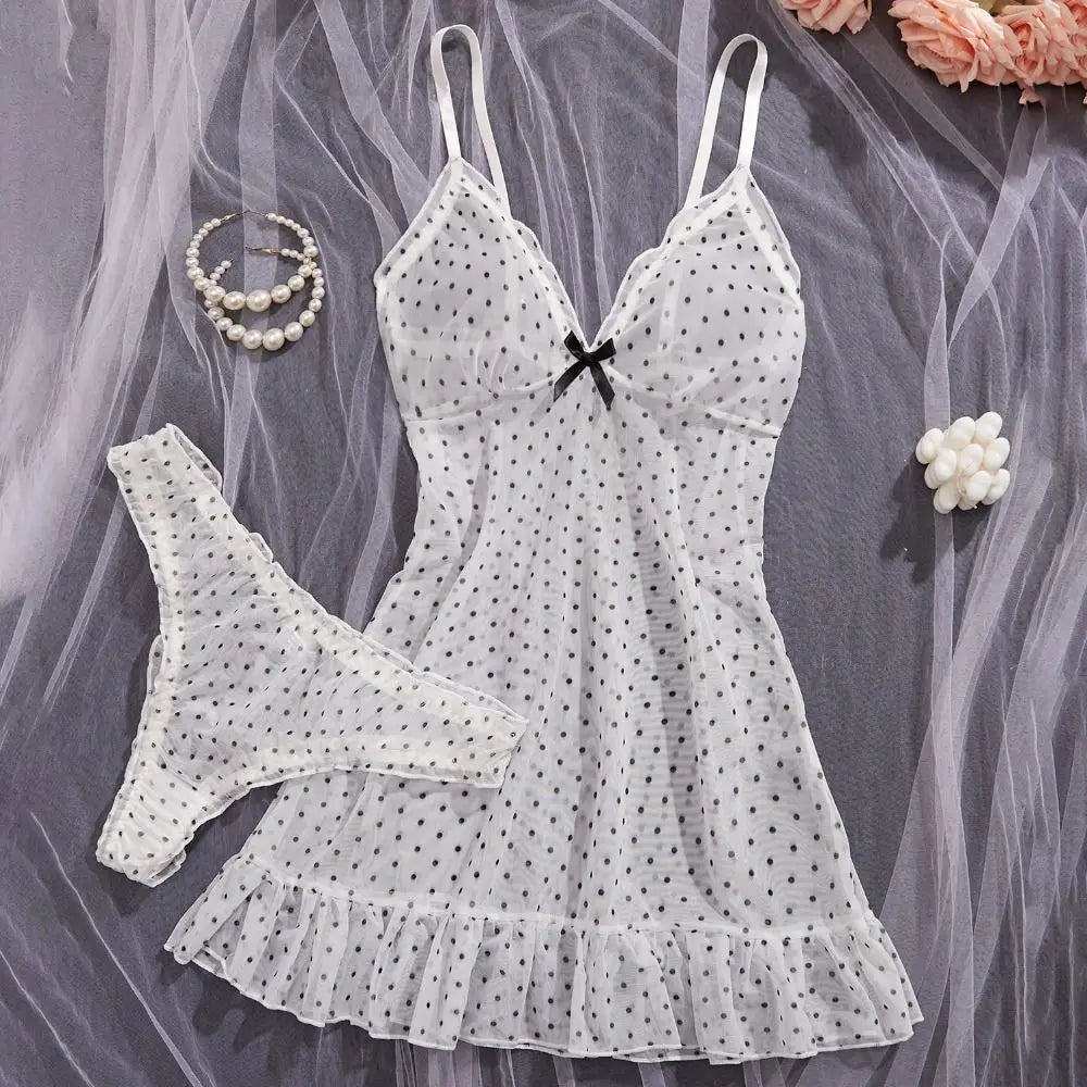Home Wear Polka Dot Sweet Nightdress Transparent Mesh Sheer Nightwear Skirt Ruffle Hem V Neck Sleeveless Nightgown Women