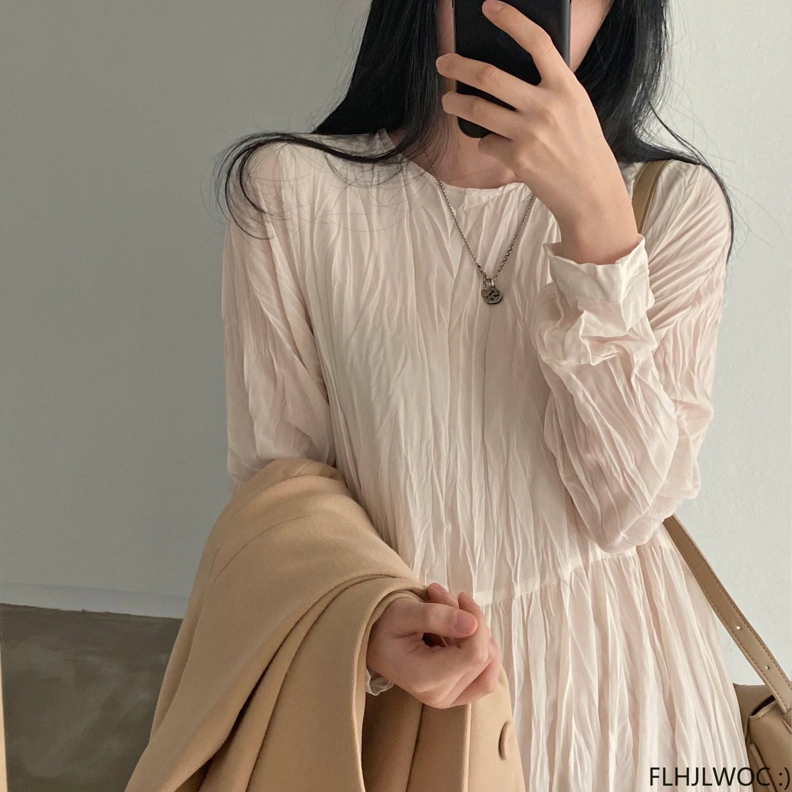 Autumn Spring Wrinkle Loose Dresses New Hot Women Cute Japan Style Retro Vintage Girls Holiday Casual Solid Apricot White Dress