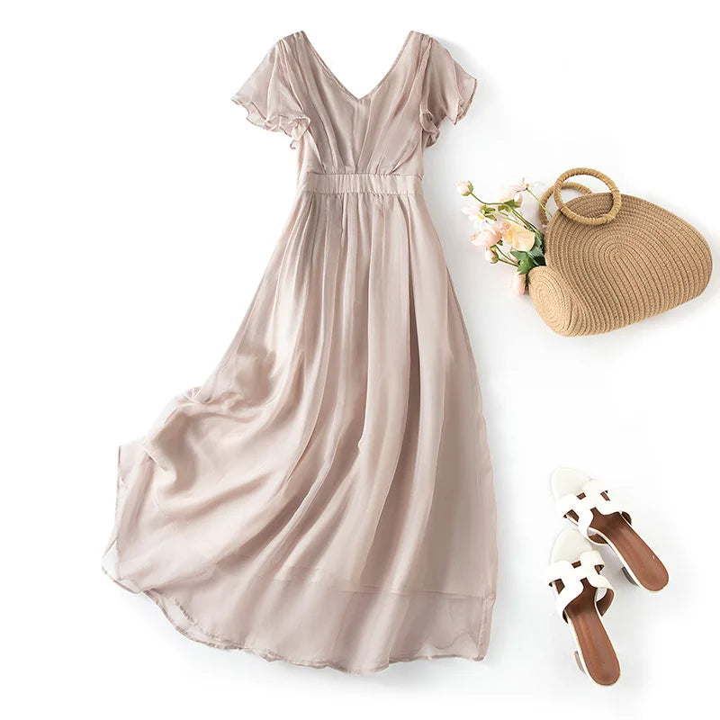 Winsleter-Women 100%Real Silk Elegant Dress, V Neck Flying Sleeve Ruffles, Beach Vacation Bohemia Dresses, 2025 Summer D55404CC