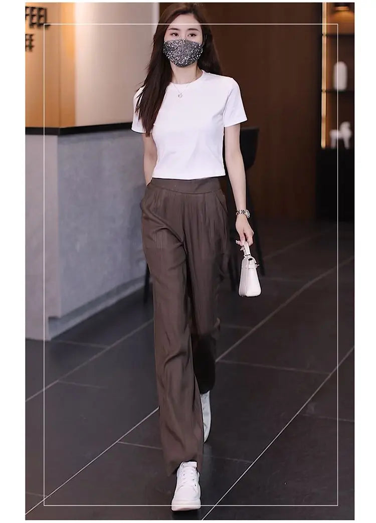 Women's Ice Silk Wide Leg Pants - High Waist Loose Casual Trousers