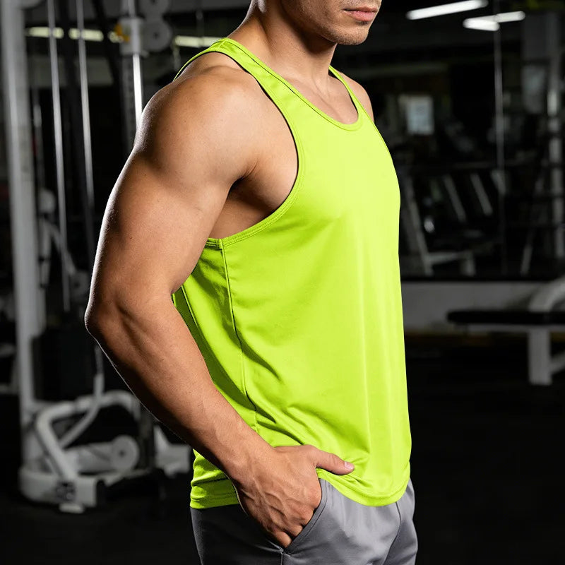 Men's Gym Sports Tank Top Muscle Aesthetic Dry Fast Workwear Polyester Fiber Summer Sport Fit Style Solid Color round Neck