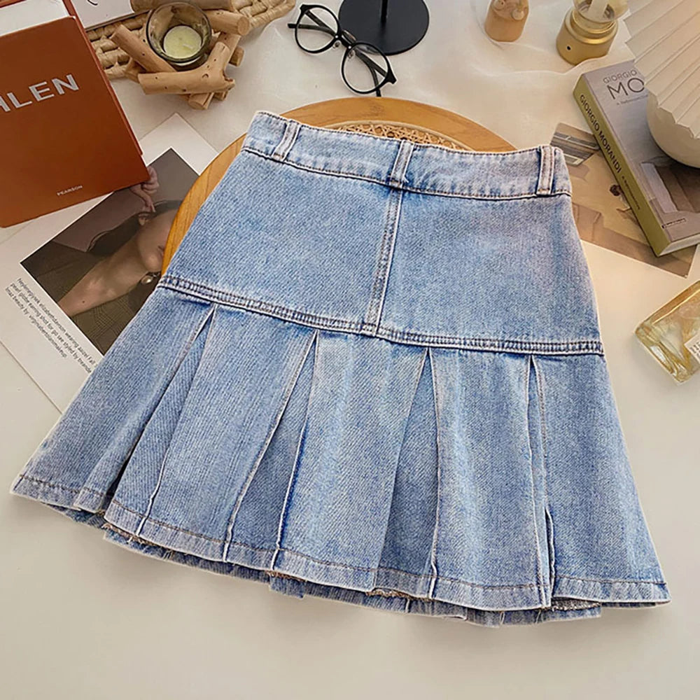 Women Pleated Denim Mini Skirt Summer High Waist Double Button Slim A-Line Skirts with Safety Shorts Y2K Style Party Wear Skirt
