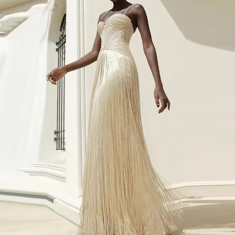 Fashion Backless Slim Fit Evening Gown Shiny Sequined High Waist Women Long Dress Sexy Wrap Chest Sleeveless Hollow Tassel Dress