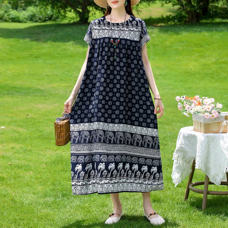 New Fashion Casual 2025 Summer Elegant Dresses For Women O-Neck Print Vintage Short Sleeve Dress Loose Women Clothing