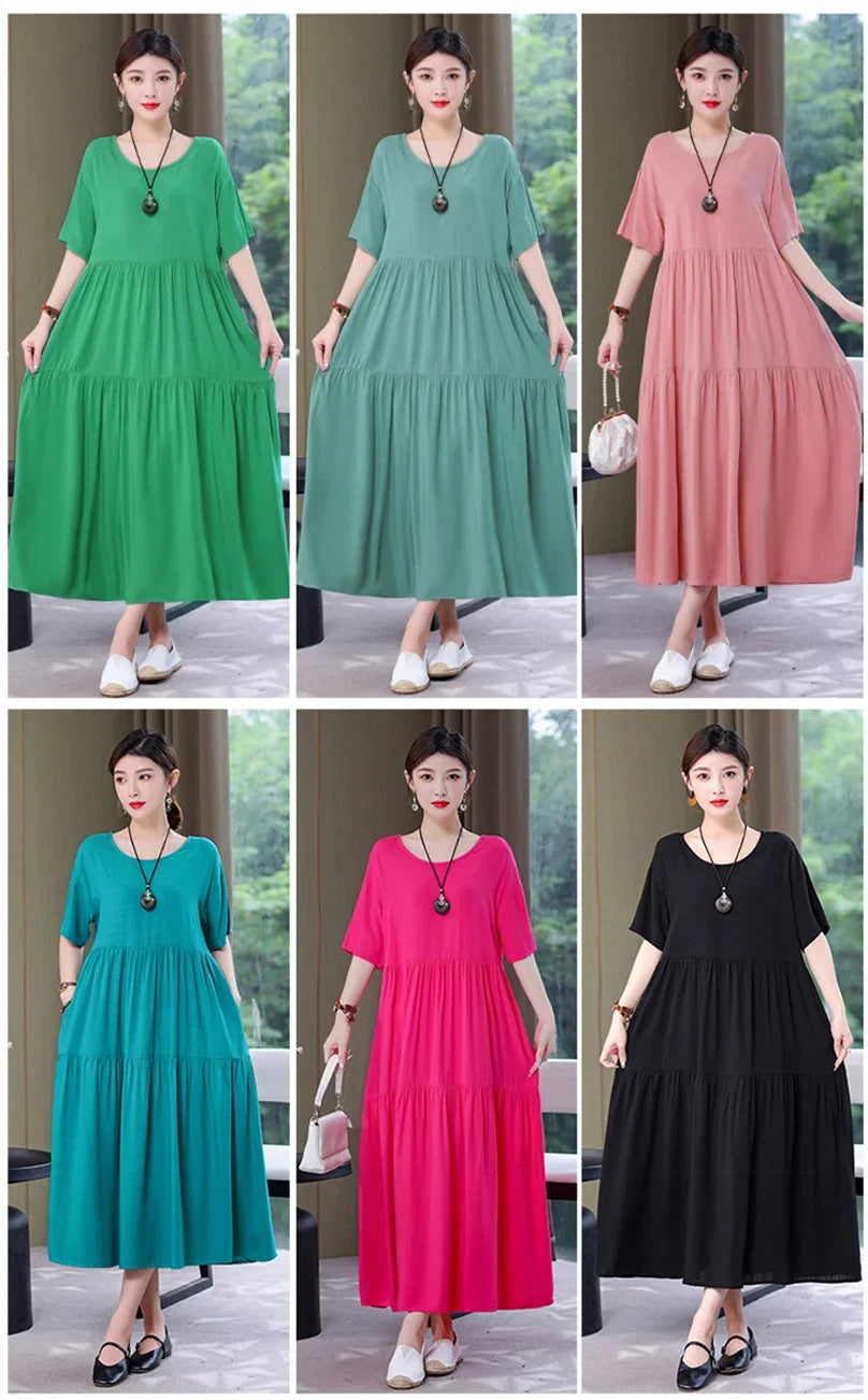 Women's Oversized A-Line Midi Dress – Loose Fit Short Sleeve Summer Sundress
