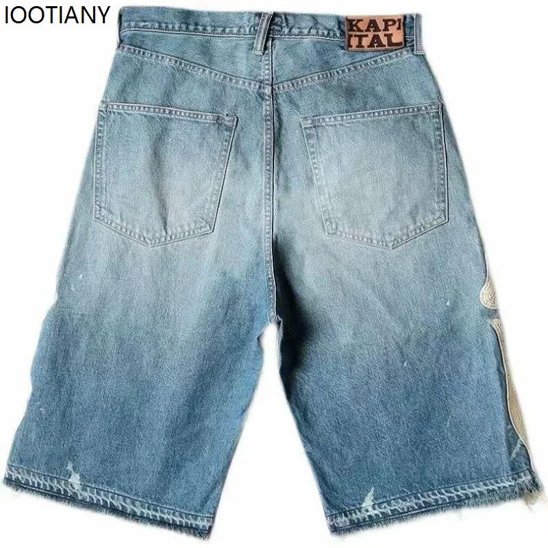 Y2k Retro Harajuku Denim Shorts Women's Washed Patchwork Tassel American Retro Jeans Men's Loose Hip-hop Bone Denim Shorts 2025