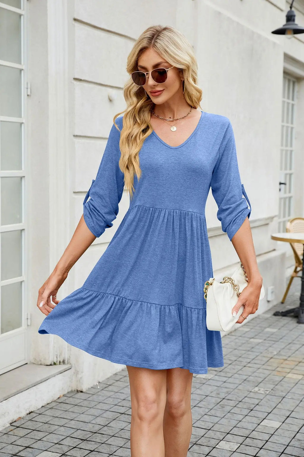 Women Spring Summer Loose 3/4 Sleeve V-Neck Ruched Ruffled Flowy Midi Dress EU US
