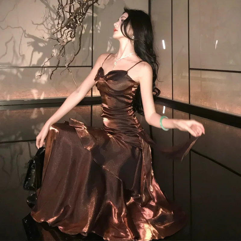 Premium Light Luxury Niche Bar Mitzvah Birthday Party Dress Dress Retro Vacation Ruffle Edge Suspender Dress