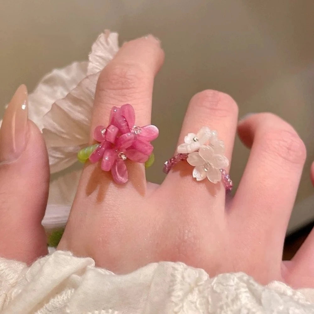 Violet Flower Elastic Beaded Ring for Women