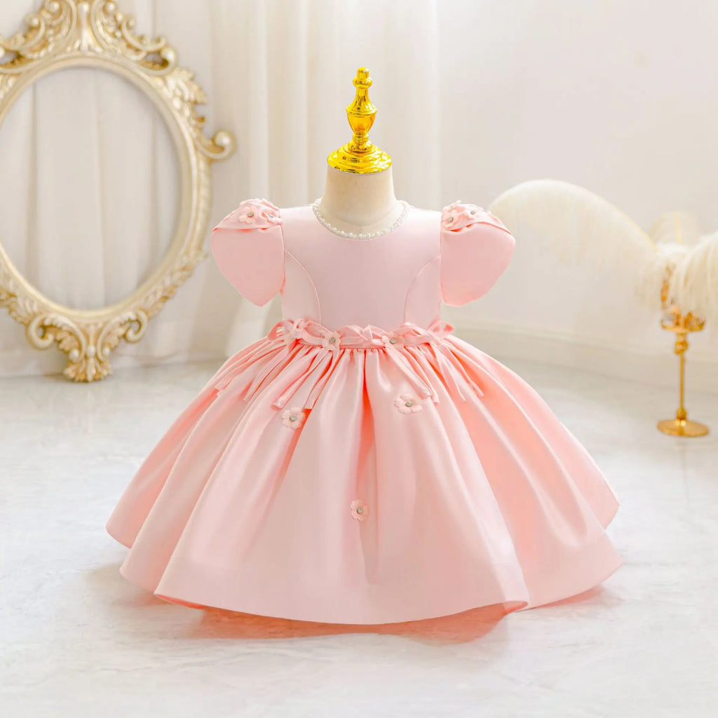 HETISO Baby Girls Dress Ribbon Bow Newborn Princess Party Ball Gown Satin Pearls Kids 1 Years Birthday Wedding Costume
