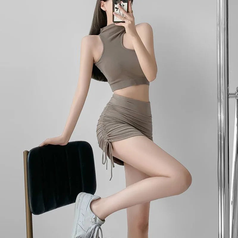 Xpqbb Women Summer Mini Skirts Drawstring Sexy High Waist Wrapped Hip Skirt Female Wild Solid Folds Slim Elastic Shorts Skirts