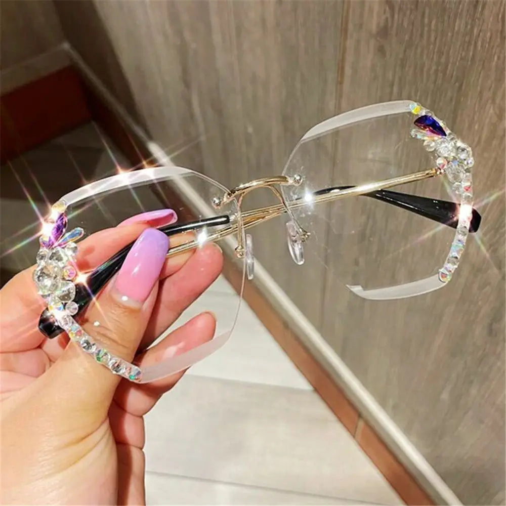 Vintage Female Eyewear UV400 Women Sun Glasses Gradient Rhinestone Sunglasses Rimless Sunglasses