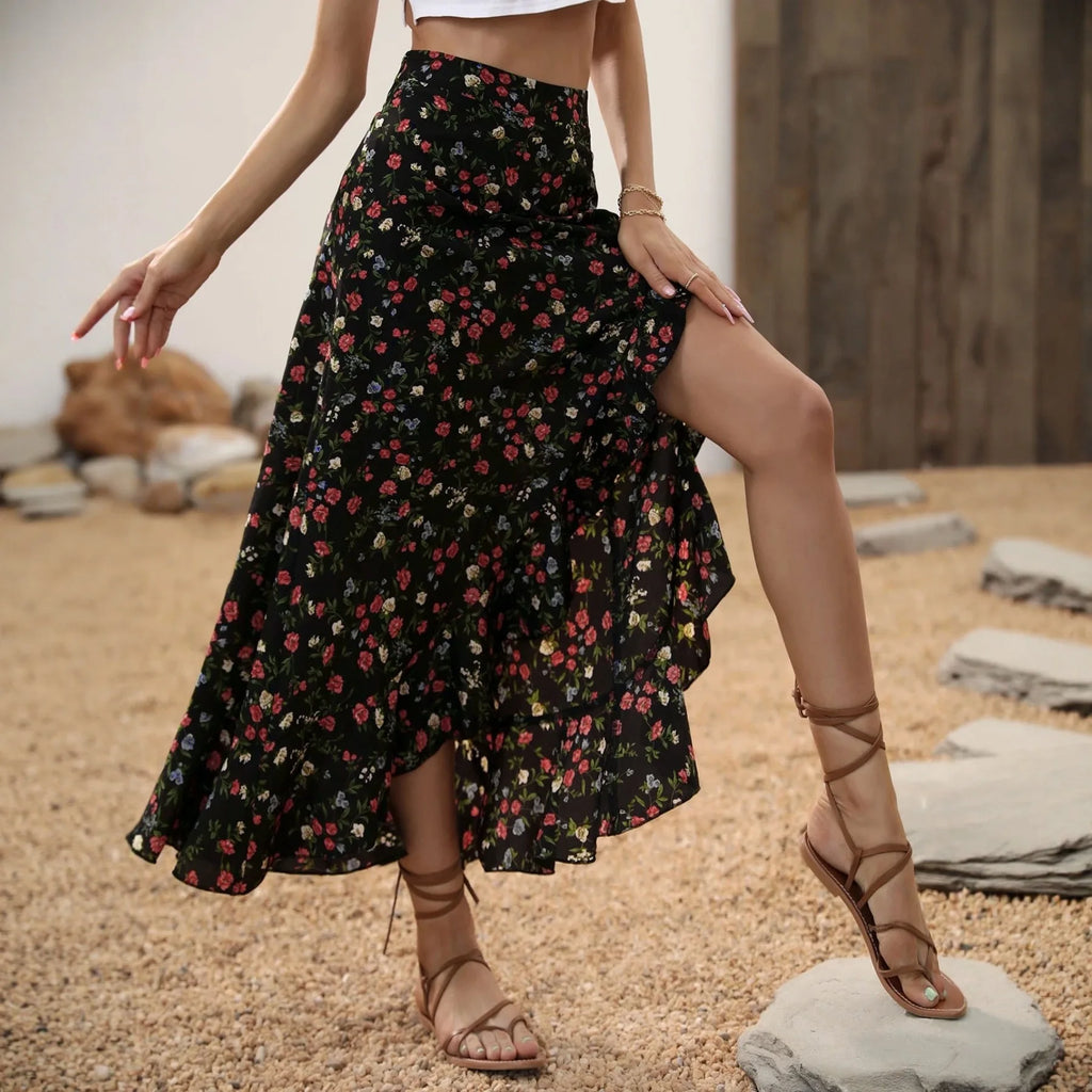 Ladies Floral High Waist Asymmetrical Hem Mid-Length Split Skirt Casual Holiday Fashion Spring Summer Polyester Fabric Elegan...