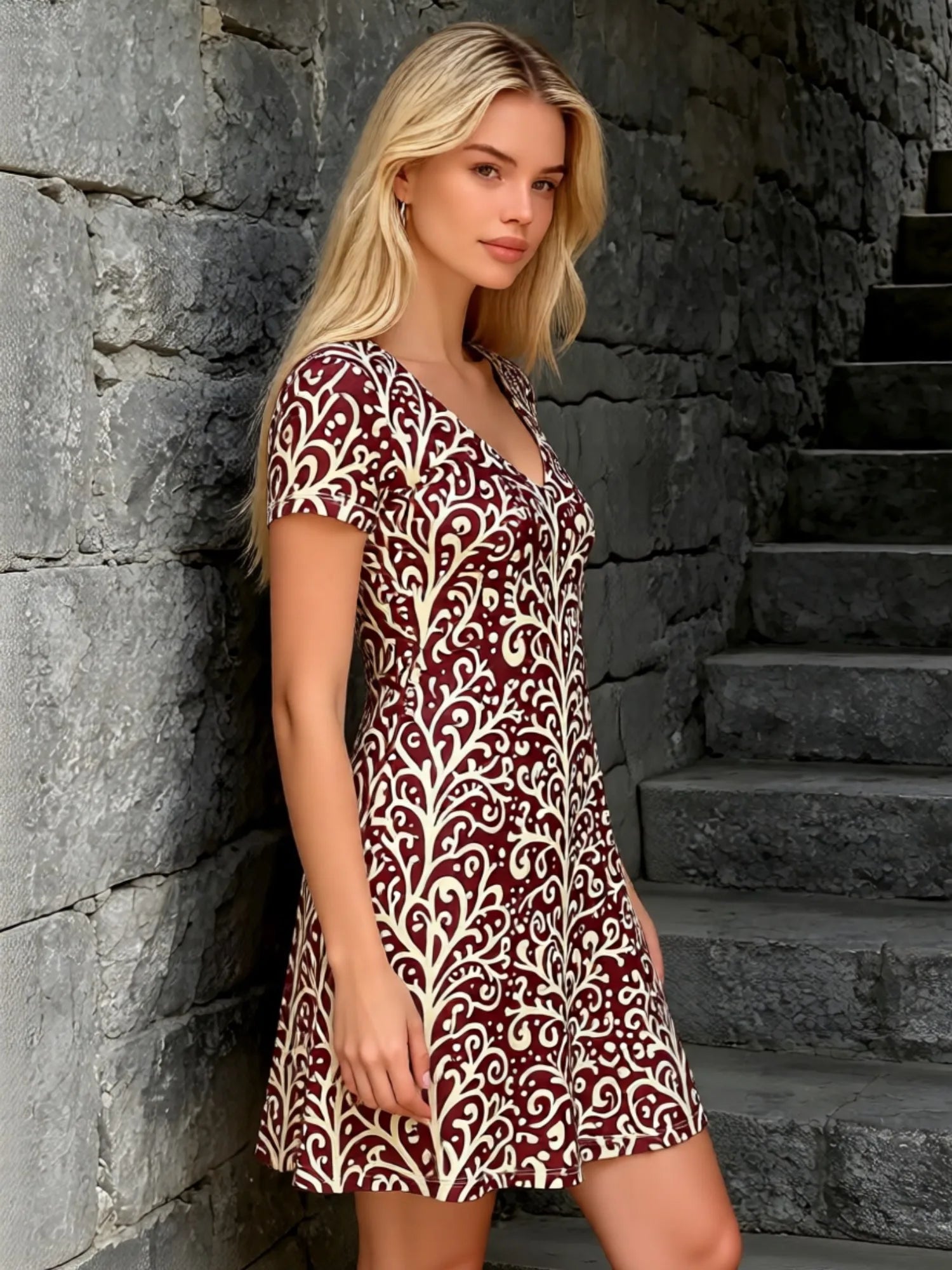 Womens V Neck Floral Print Short Sleeve Swing Dress Casual Flowy Summer Mini Dress for Everyday Style Travel Holidays and Events