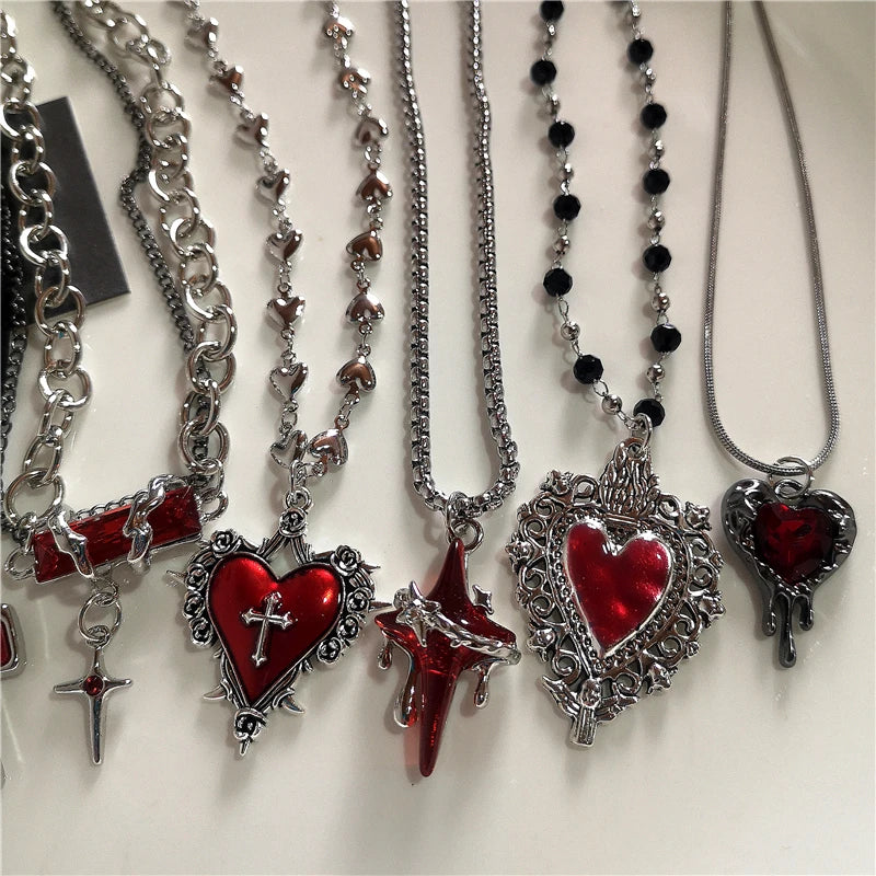 Gothic Red Cross Star Heart Pendent Necklace For Women'S Men Hip Hop Street Vintage Y2K Grunge Punk Y2K Aesthetic Jewelry Gifts