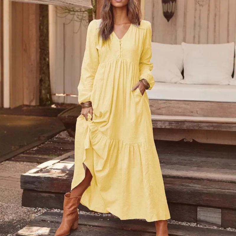 Loose Long Sleeve Cotton Linen Dress Retro Button Spring Autumn Vacation Women Skirt