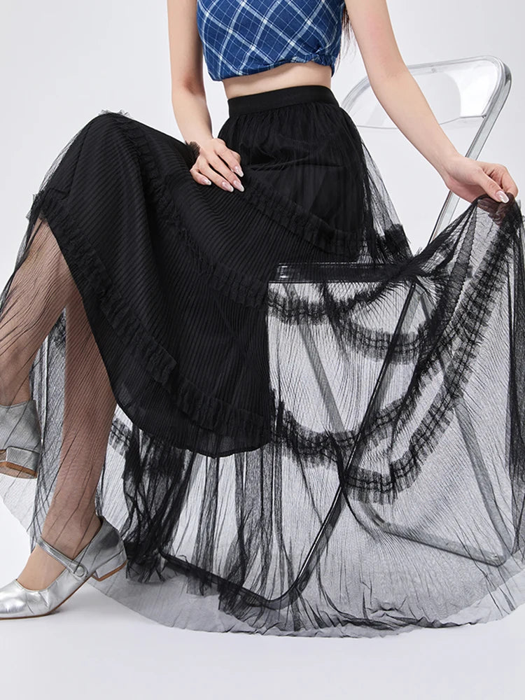 Women's Skirt Spring Summer Tiered Tulle High Waist Ruffle Hem A-Line Pleated Maxi Layered Mesh Cake Skirt Female Faldas SK120