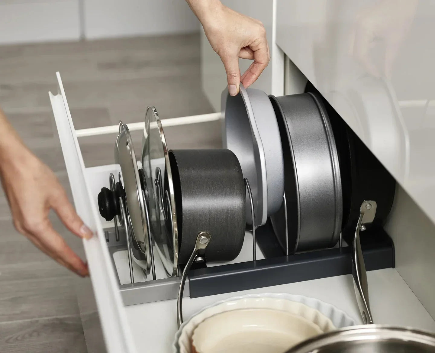 Estante expandible para guardar ollas y sartenes para gabinetes, organizador de ollas y tapas con 6 estantes ajustables para herramientas de organización de cocina