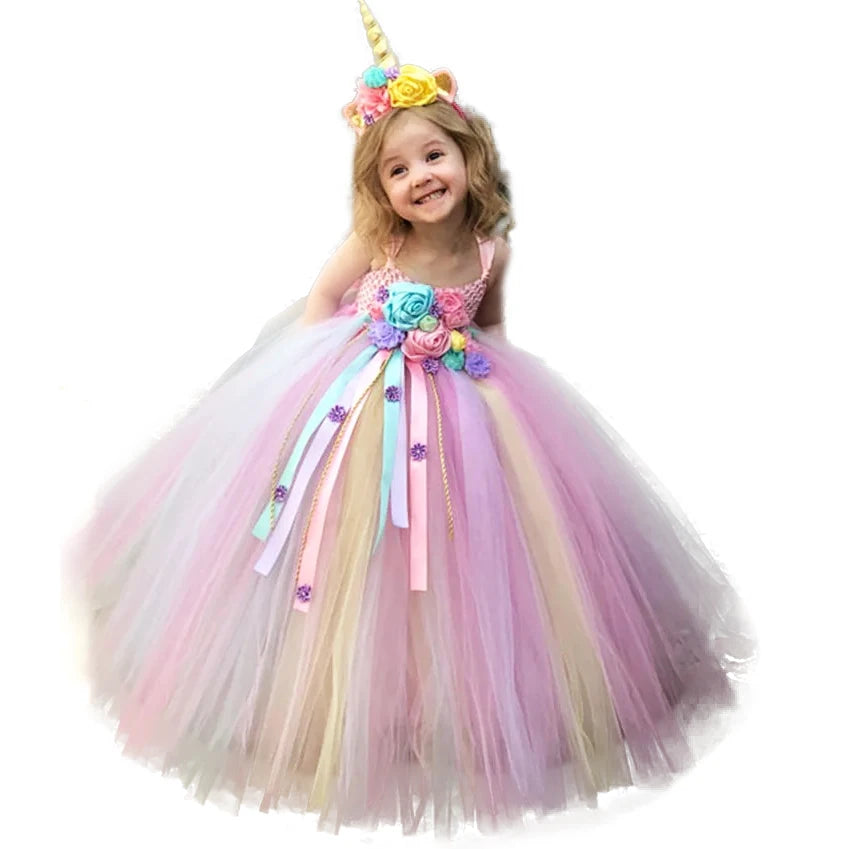 Girls Unicorn Pastel Tutu Ball Gown – Crochet Strap Dress with Daisy Ribbons, Ages 6M–12Y