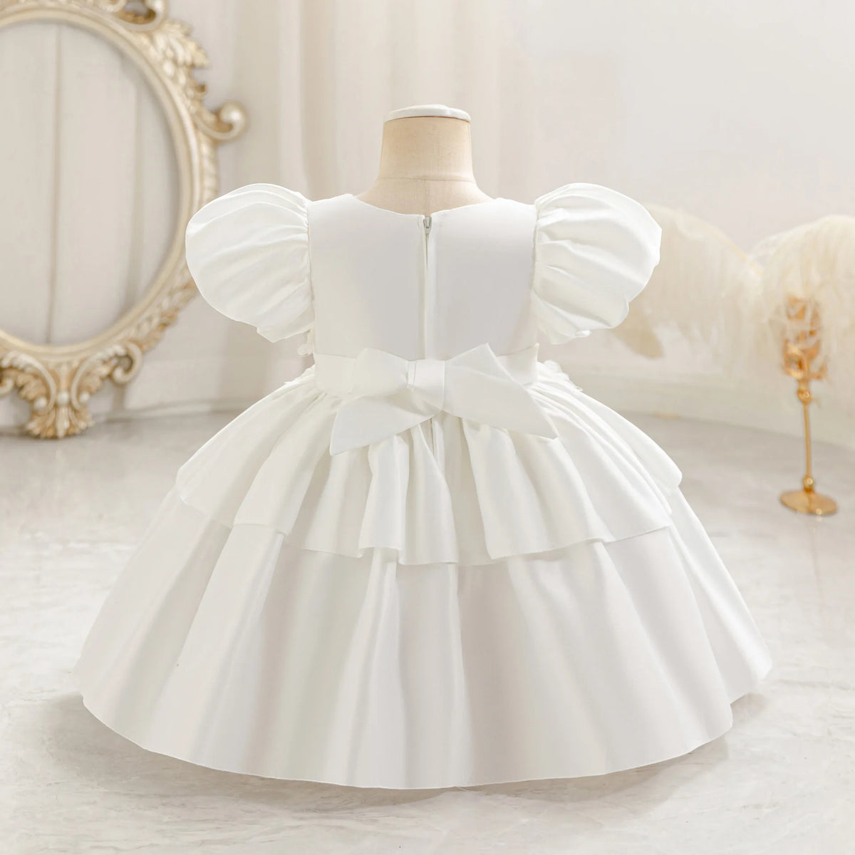 HETISO Baby Girls Appliques Flower Solid Satin Princess Fashion Dresses Ball Gown for Party Birthday New Year 6M-4 Years