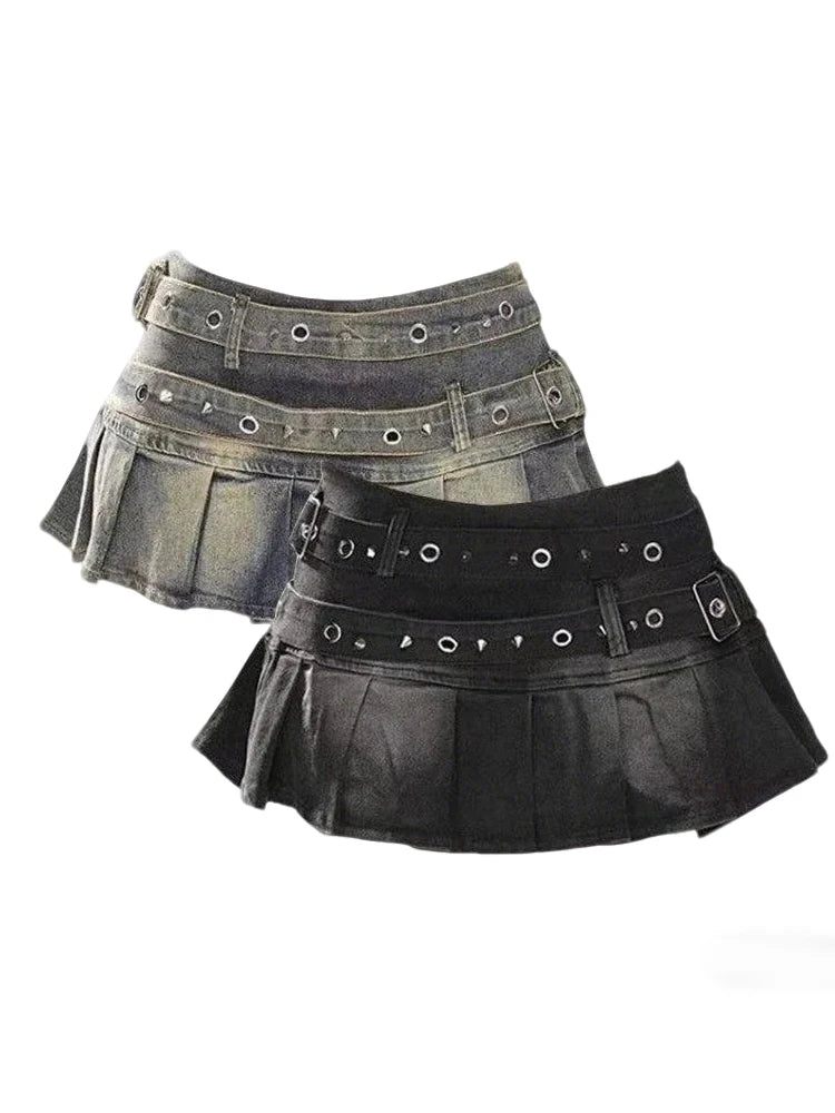 Women's Denim Skirt with Studded Belt Low Rise Pleated Mini Skirt Blue Black Jean Skirts Alt Girls Y2K Punk 90s