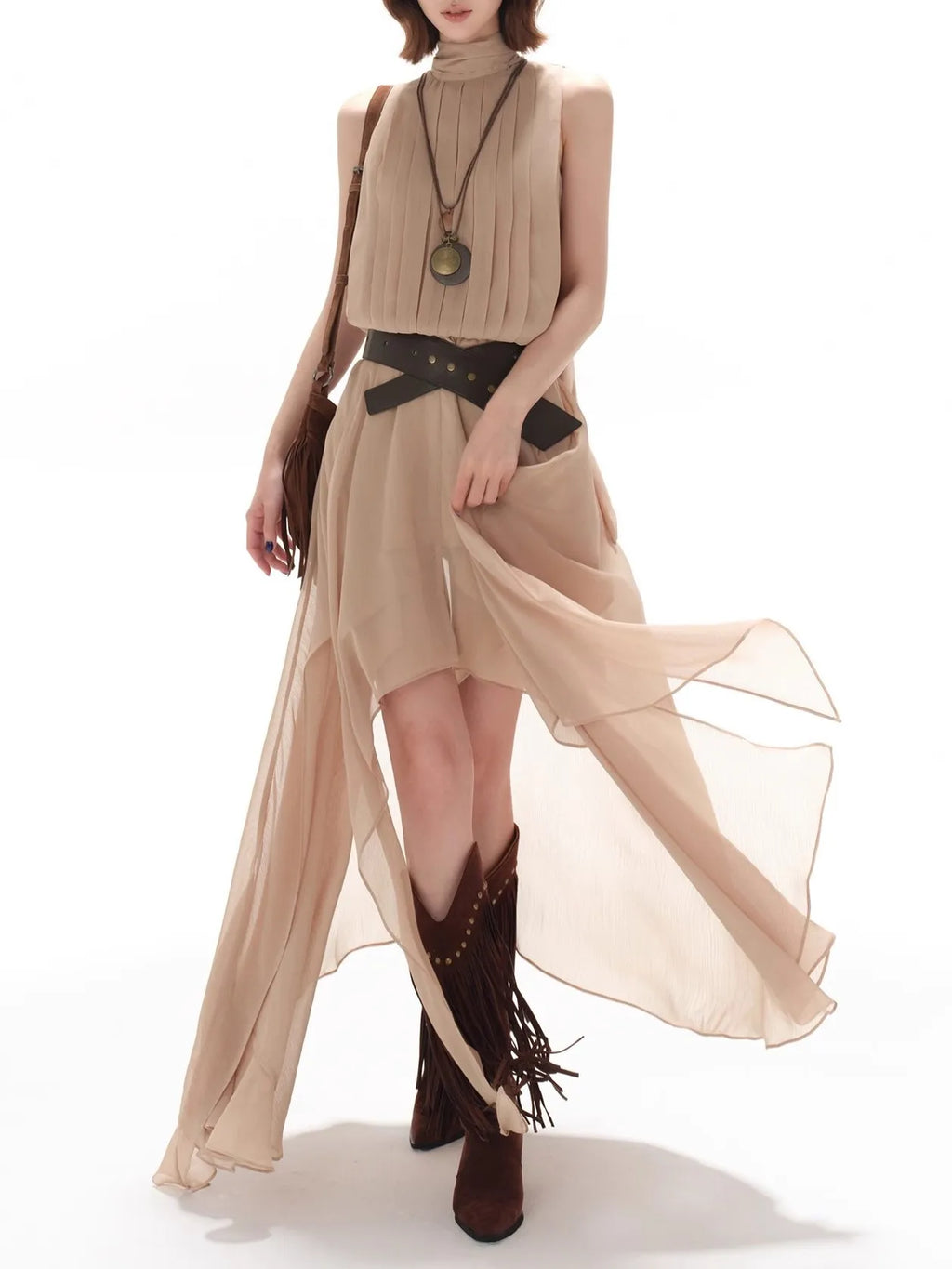 Elegant Casual Sleeveless Chiffon Vest Dress Original Design Long Skirt Drifting Hemline Polyester Fabric Shirt Pattern Stitc...