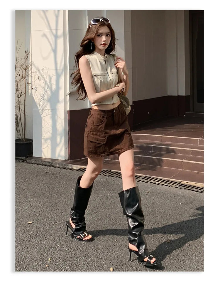 High Waist A-Line Mini Skirt Denim Skirt Women's Multi-Pocket Anti-Light Workwear Half Skirt Street Style Casual Wear