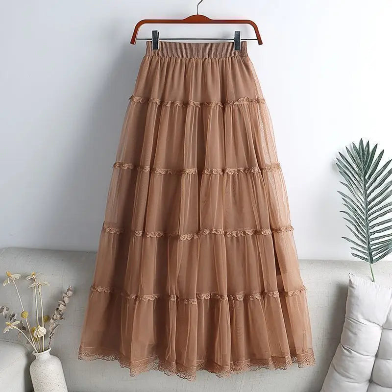 Sweet Lace A-Line Half Skirt Women's Spring Summer New Style Elastic Waist Slimming Cake Skirt High Waist Polyester Fiber