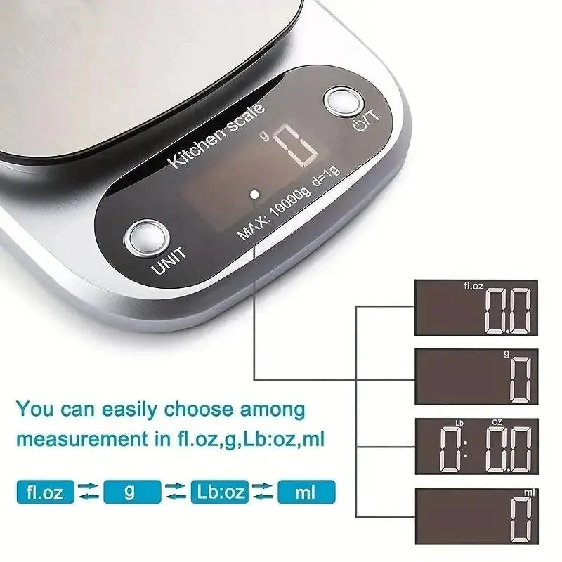 Báscula de cocina de 10 kg, báscula de cocina digital con función de tara, báscula electrónica para joyas y alimentos, pantalla LCD de acero inoxidable
