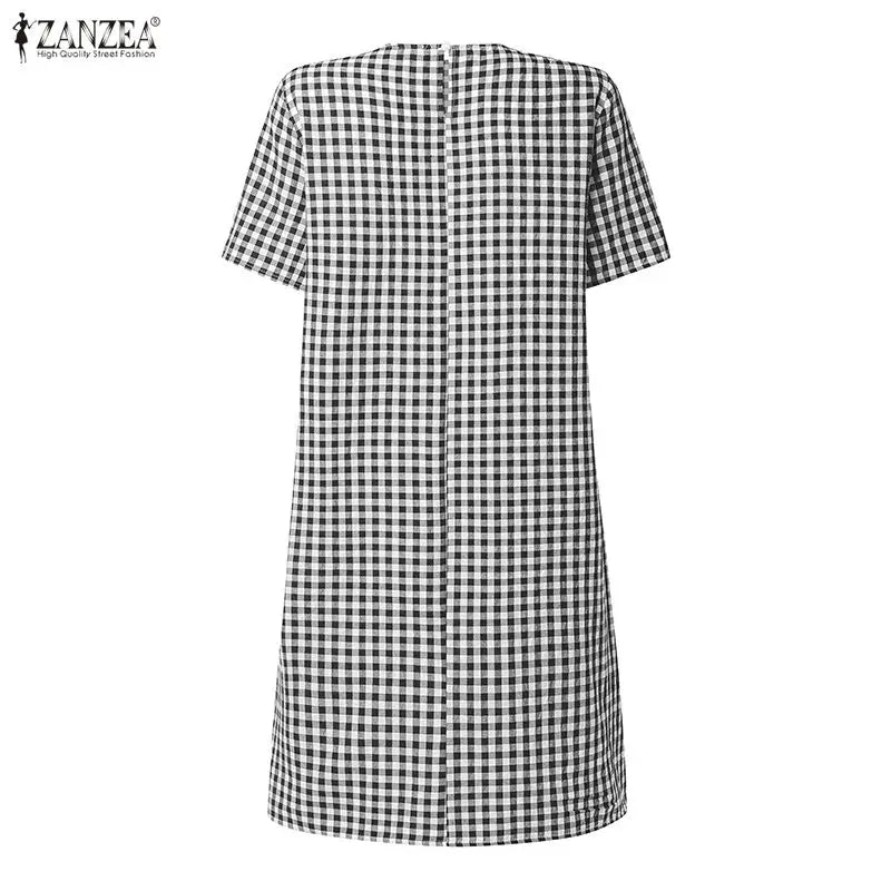 ZANZEA Women's Vintage Gingham Short Sleeves Dresses O-Neck Knee-Length Dress 2026 Summer Daily Casual Commute Robes Femme