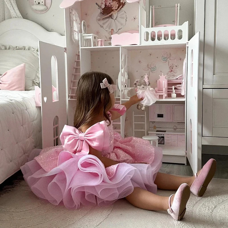 Party Dress Clothes Children Lovely Pink Flower Girl Wedding Sequins Beading with Bow Kids Birthday First Communion Ball Gowns