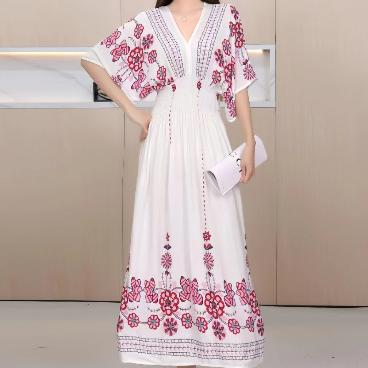 Summer New Casual Elegant Retro Bohemian Style V-neck Elastic Waist Large Swing Printed Long Skirt Autumn Summer Dress