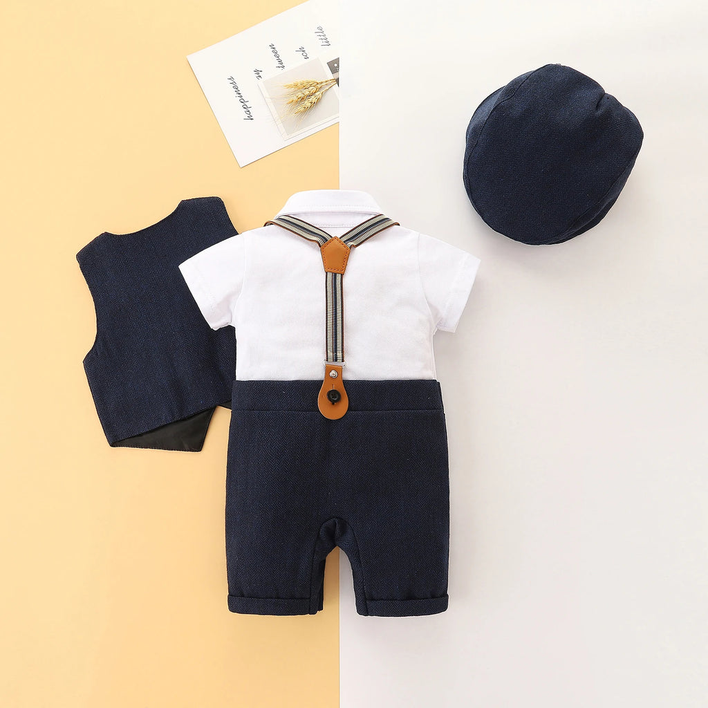 FOCUSNORM 0-24M 3 Colors Baby Boys Gentleman Clothes Sets 3pcs Short Sleeve Patchwork Bow Romper + Vest Coat+ Hat
