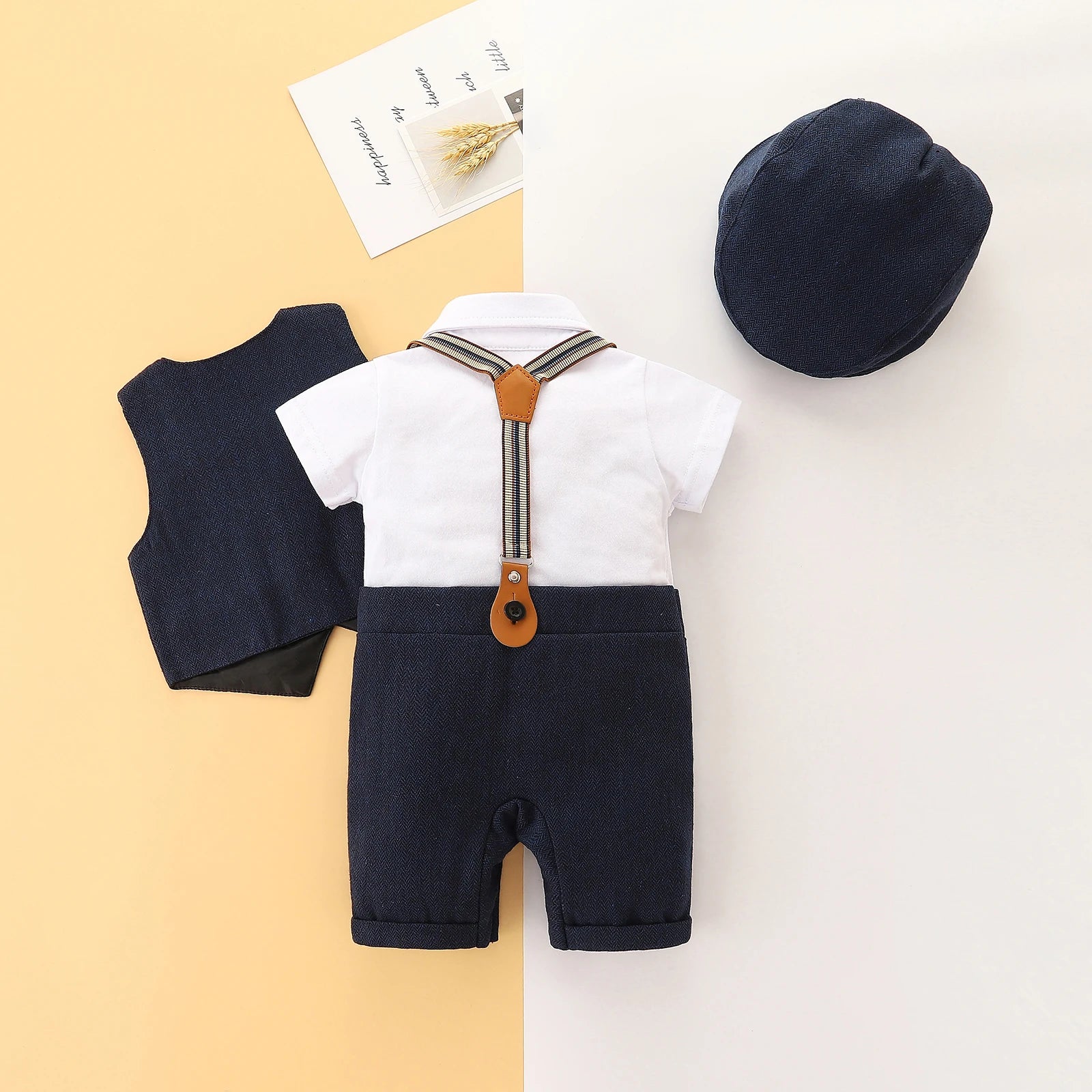 FOCUSNORM 0-24M 3 Colors Baby Boys Gentleman Clothes Sets 3pcs Short Sleeve Patchwork Bow Romper + Vest Coat+ Hat