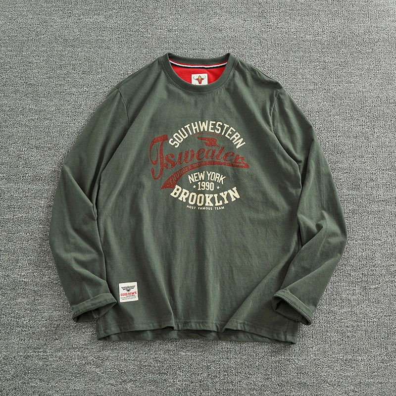 Autumn New American Retro Long Sleeve O Neck Letter Printed Mens 100 Percent Cotton Washed Casual T Shirt