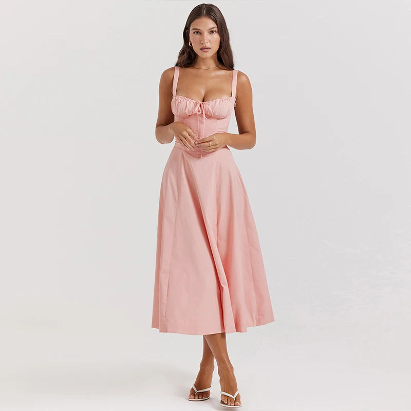 2026 Women's Summer Floral Print Dresses Sweet Elegant Midi Holiday Dress Casual Slit Blue Lace Up Dresses