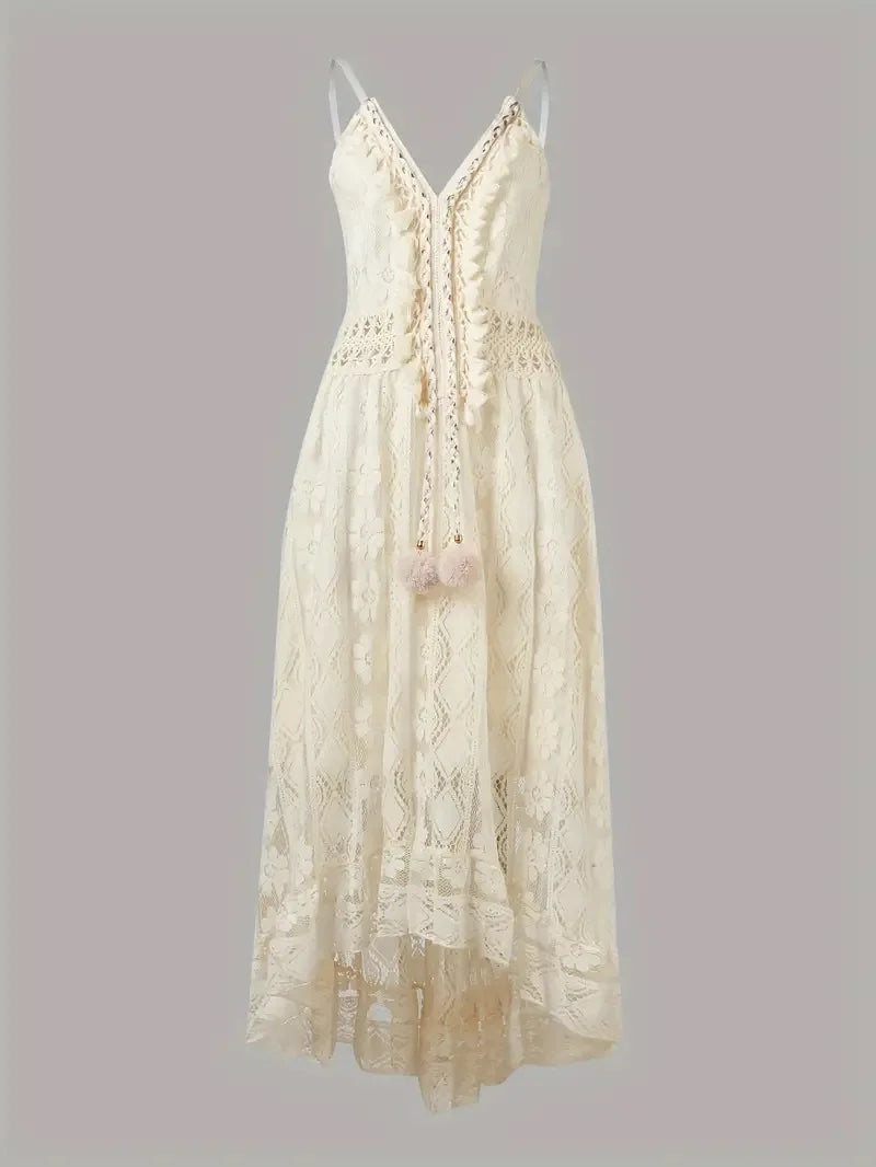 Ladies Dress A-line Lace Embroidery Design V-neck Sleeveless Mid Waist Slim Solid Color Simple Elegant Fresh Retro Sling Dress