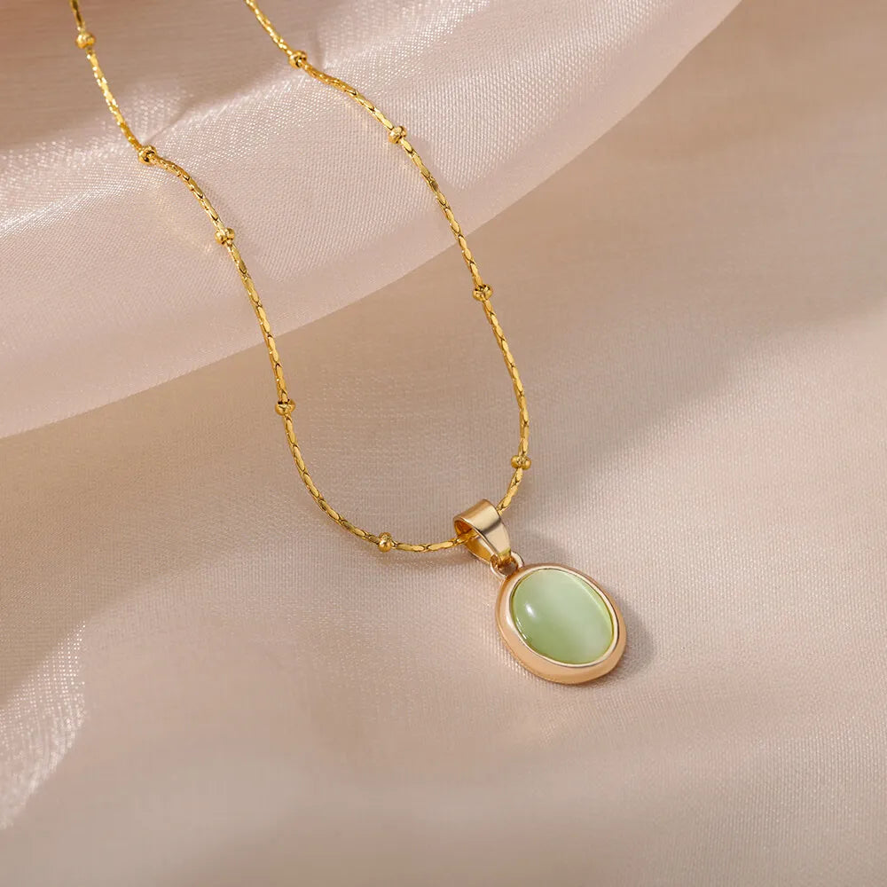Fashion Stone Opal Oval Necklace For Women'S Stainless Steel Gold Color Oval Stone Pendant Necklace Wedding Aesthetic Jewelry