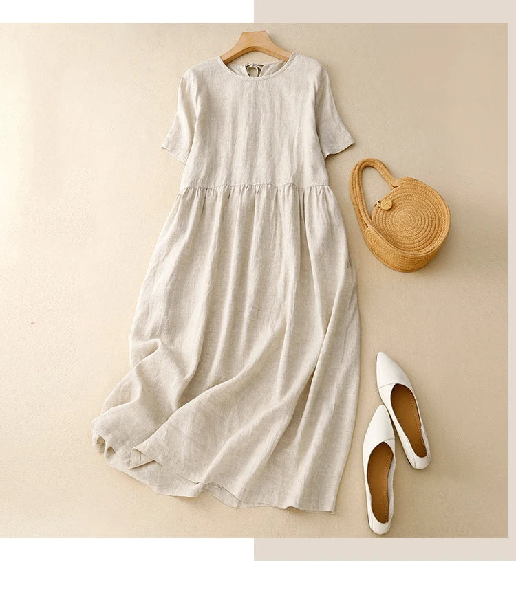 Korean Style Summer Fashion Solid Color Simple Basic Cotton Linen Dress for Women Good Quality Half Sleeve Elegant Frock Female