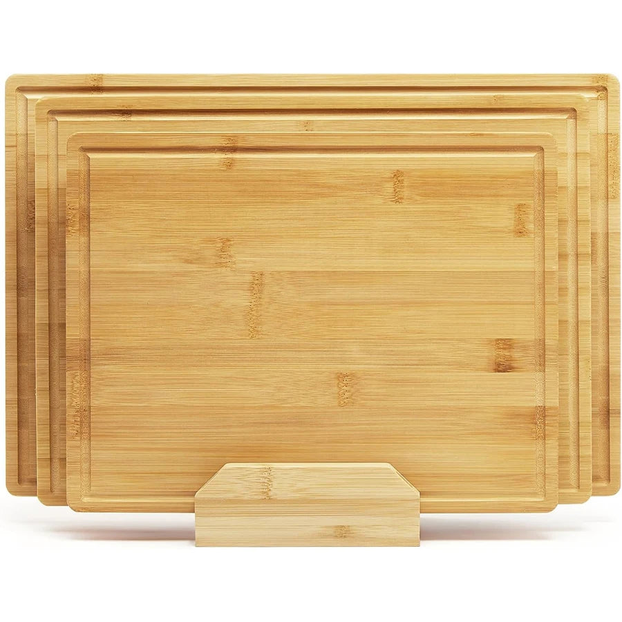 3-Piece Natural Bamboo Cutting Boards Set with Stand | Kitchen Chopping Boards 43x30cm/38x28cm/33x25cm,Deep Juice Grooves,Dishwasher Safe,Knife Friendly