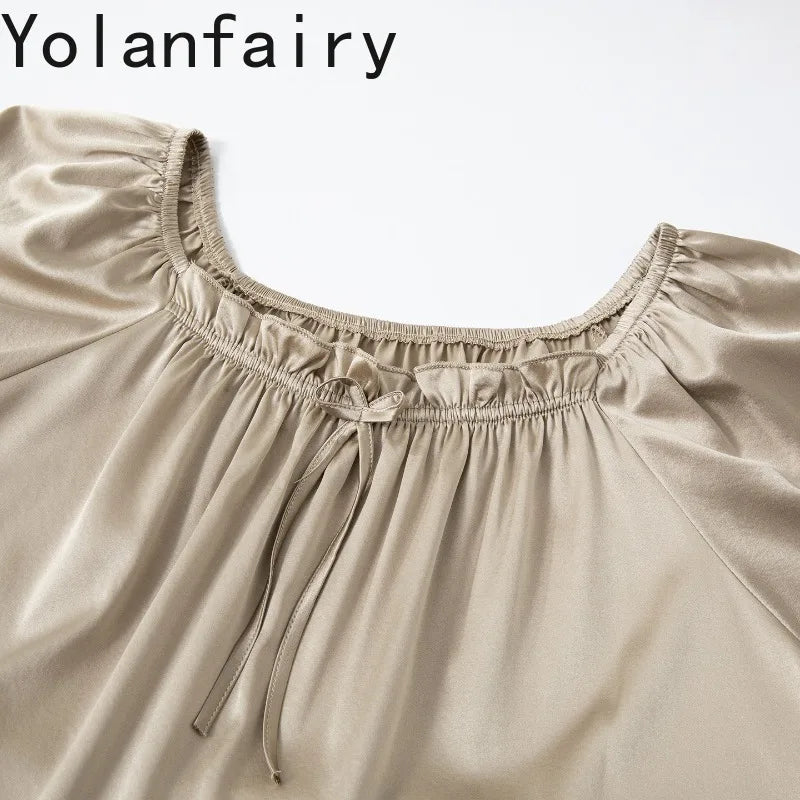 YOLANFAIRY 93% Real Mulberry Silk Pajamas for Woman 2026 Spring Summer High-end Sets Woman 2 Piece Short Sleeve Pijamas De Mujer