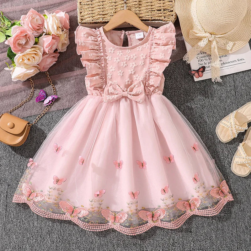 2026 New Children Cute Puff Dresses Kids Bow Embellish Butterfly Print Skirt Girls Birthday Party Trend Gown Baby Sweet Clothes