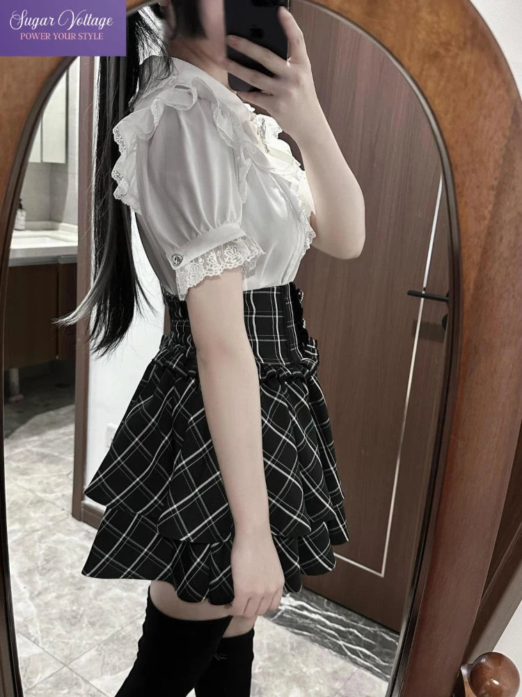 Japanese Cute Sweet Y2k Lolita Cake Skirt Women Hight Waist Rhinestone Plaid Ruffled Layered Skirts Kawaii A-Line Mini Skirts