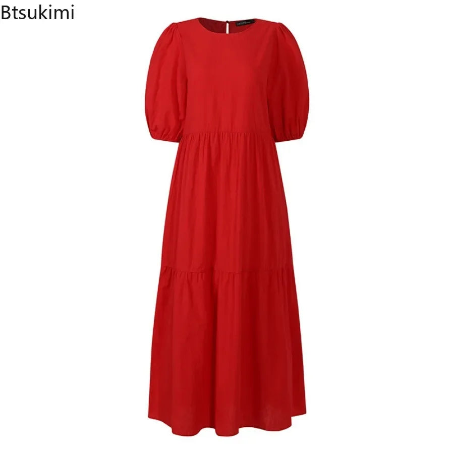 2026 Fashion Puff Short Sleeve Dress for Women Summer Solid Casual Sundress Comfort Cotton Maxi Dress Modest Robe Vestidos Femme