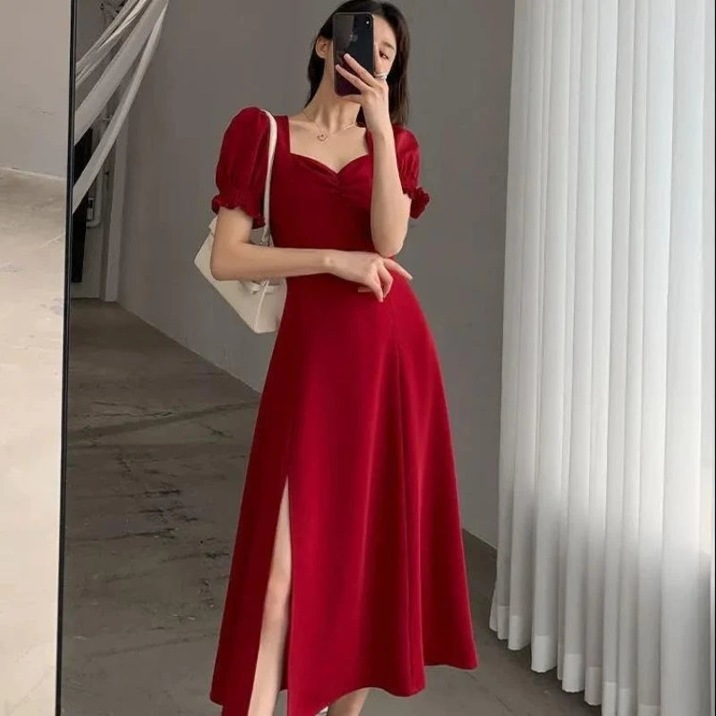 Women'S Summer V-Neck Puff Short-Sleeved Dress Elegant Female Side Slit Long A-Line Dresses Solid Sexy Slim Evening Vestidos
