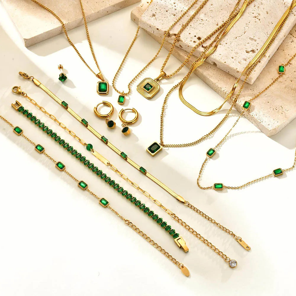 Retro Green Zircon Pendant Necklace For Women'S, Crystal Stone Chain Stainless Steel Gold Plated Luxury Birthday Gifts