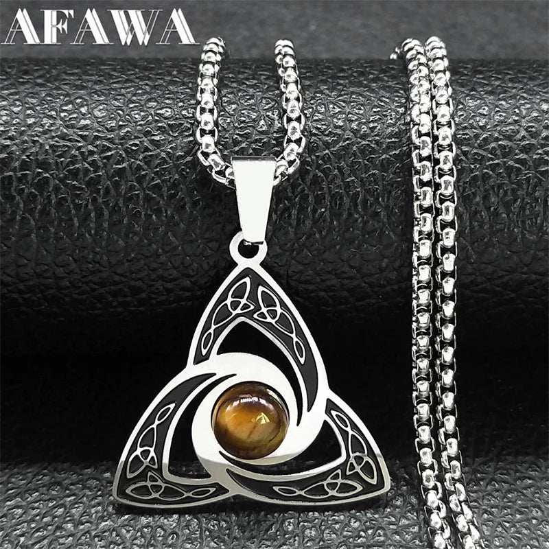 Viking Trinity Knot Necklace For Women'S Men Stainless Steel Tiger Eye Stone Irish Celtic Lucky Amulet Necklaces Jewelry N3806S02